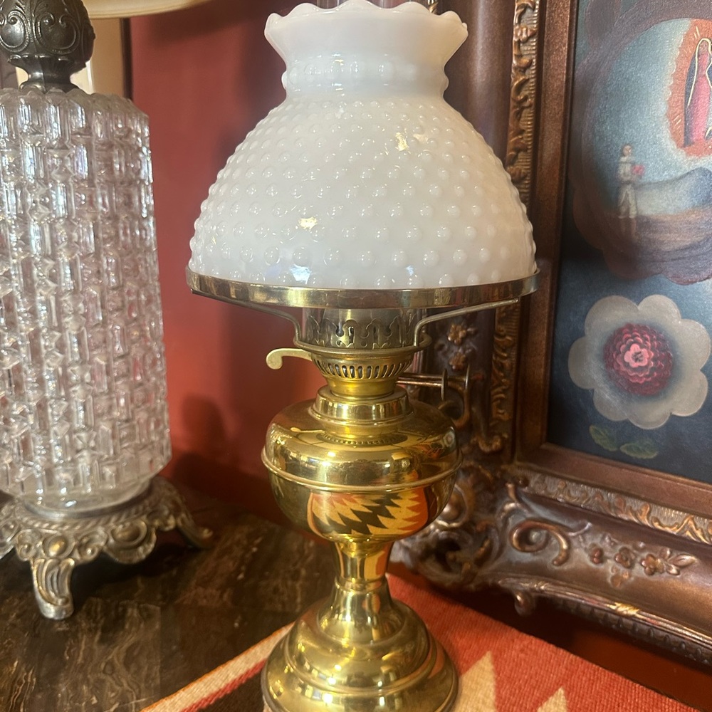 Brass Table Lamp with White Hobnail Glass Shade - Vintage Style
